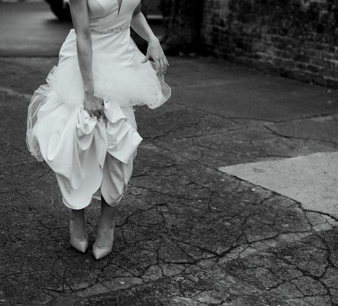 Bride in Essense of Australia Wedding Dress with Straps and Cathedral Length Veil