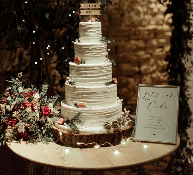 Five Tier Buttercream Wedding Cake on Tree Slice Cake Stand  &amp; Wooden Cake Topper