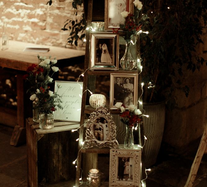 Vintage Step Ladder, Fairy Lights and Family Portraits Display