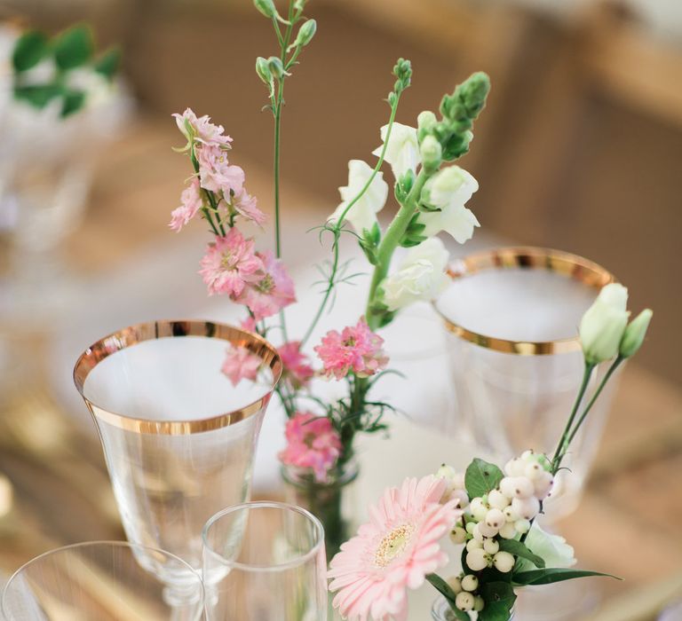 Gold Rimmed Glassware For Wedding // Needle &amp; Thread Bridesmaids Dresses For A Pink And Mint At Home Marquee With Fine Art Photography From Amy Fanton Photography