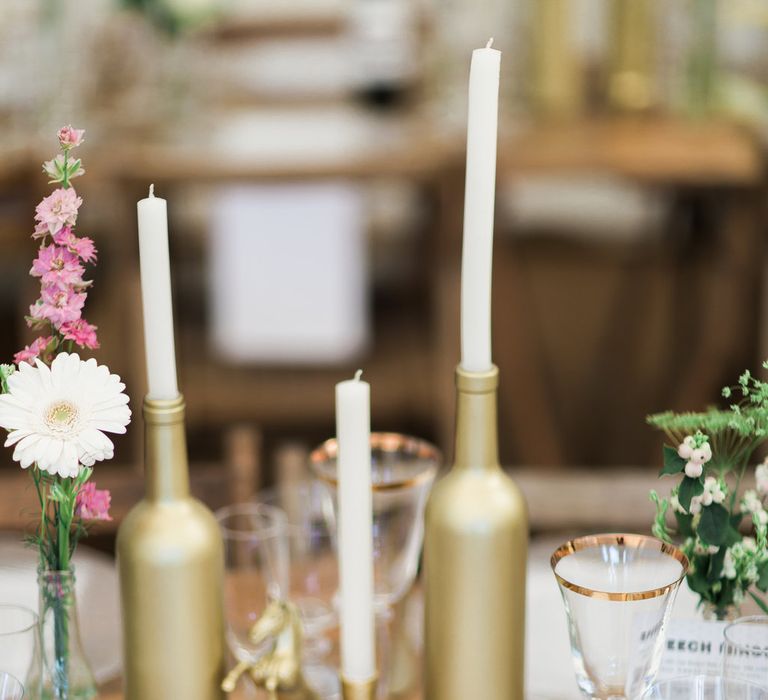 Gold Bottle Candle Holders // Needle &amp; Thread Bridesmaids Dresses For A Pink And Mint At Home Marquee With Fine Art Photography From Amy Fanton Photography