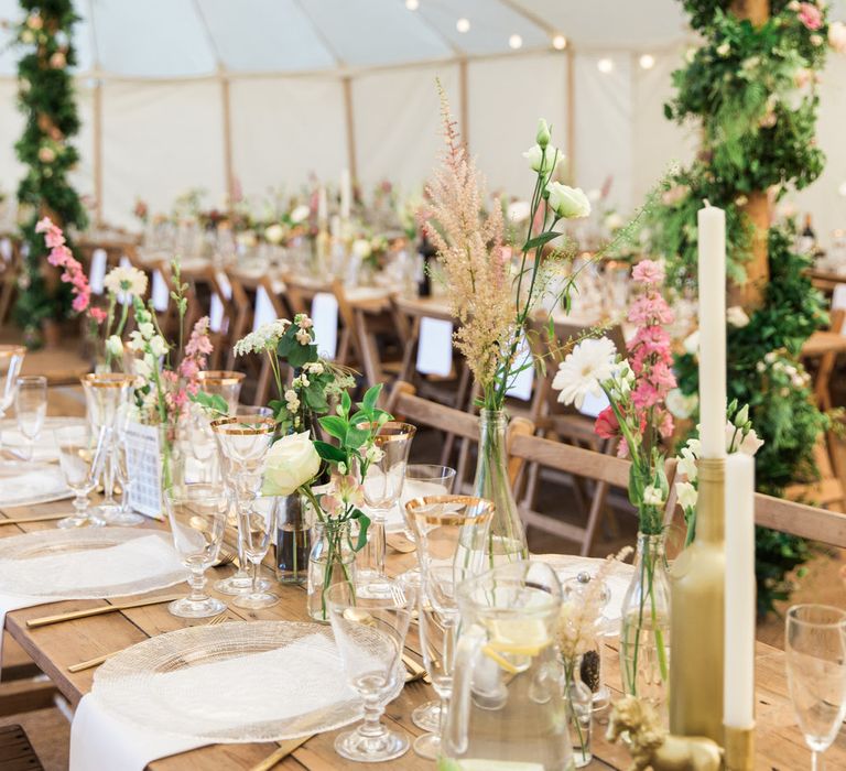 Marquee Wedding With Wooden Trestle Tables And Pink And Gold Details // Needle &amp; Thread Bridesmaids Dresses For A Pink And Mint At Home Marquee With Fine Art Photography From Amy Fanton Photography