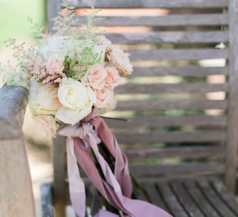 Pastel Wedding Bouquet With Ribbon // Needle &amp; Thread Bridesmaids Dresses For A Pink And Mint At Home Marquee With Fine Art Photography From Amy Fanton Photography