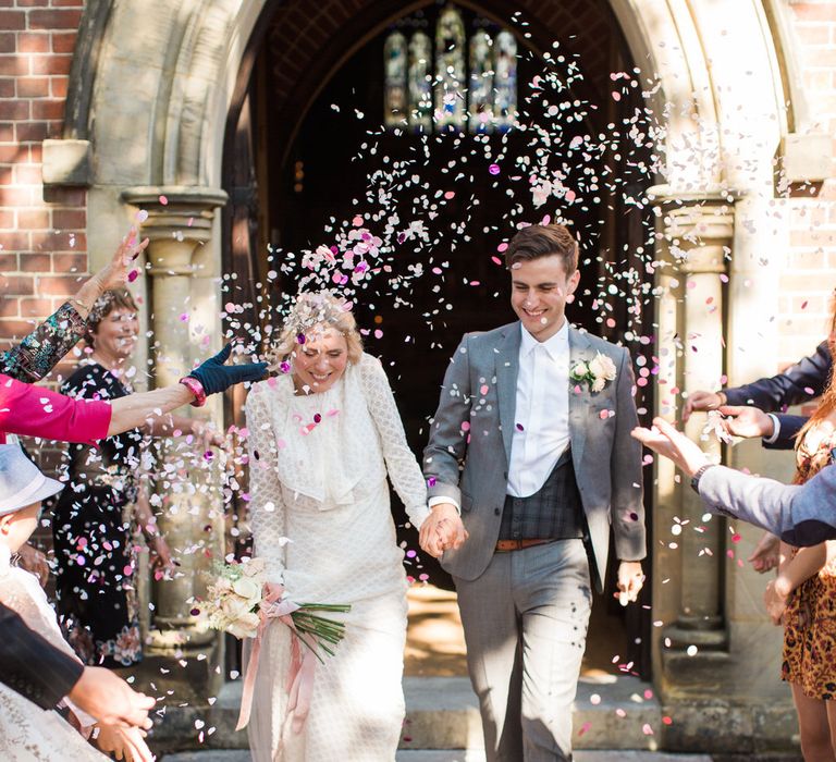 Just Married Confetti Shot // Needle &amp; Thread Bridesmaids Dresses For A Pink And Mint At Home Marquee With Fine Art Photography From Amy Fanton Photography