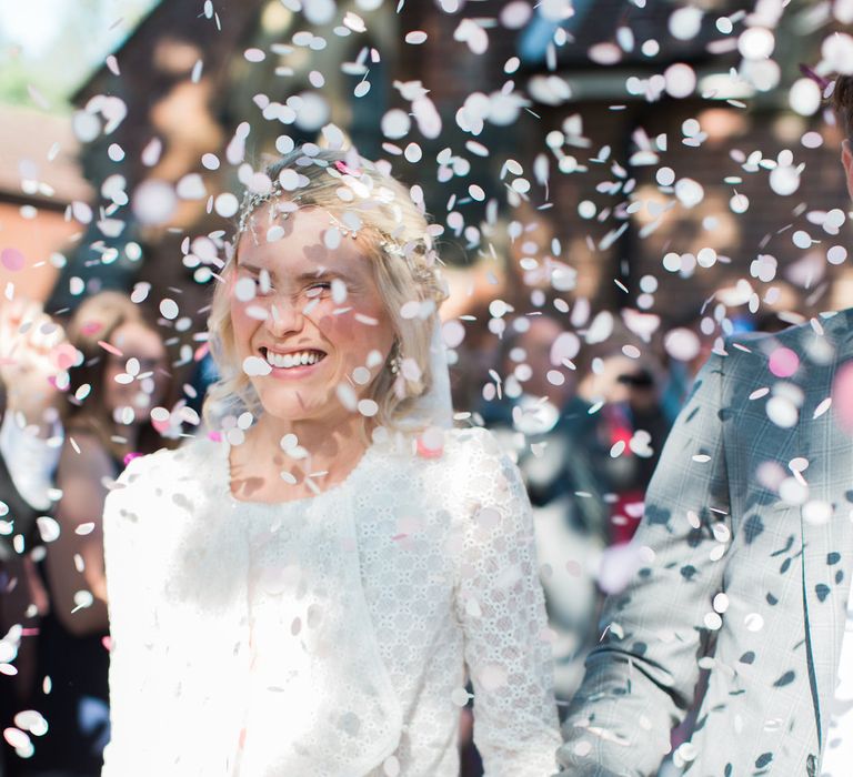 Just Married Confetti Shot // Needle &amp; Thread Bridesmaids Dresses For A Pink And Mint At Home Marquee With Fine Art Photography From Amy Fanton Photography