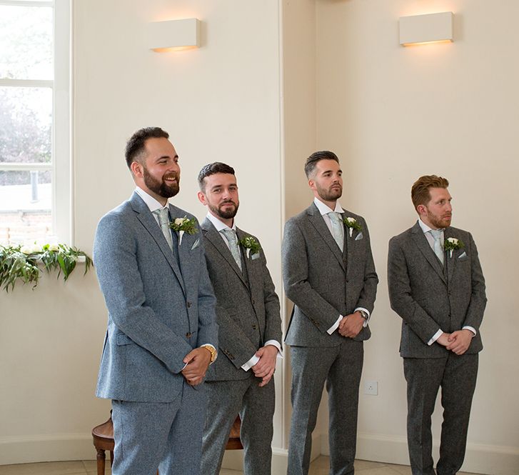 Groomsmen in Grey Suits with Pale Green Ties