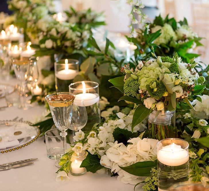 White and Green Wedding Flowers with Candles