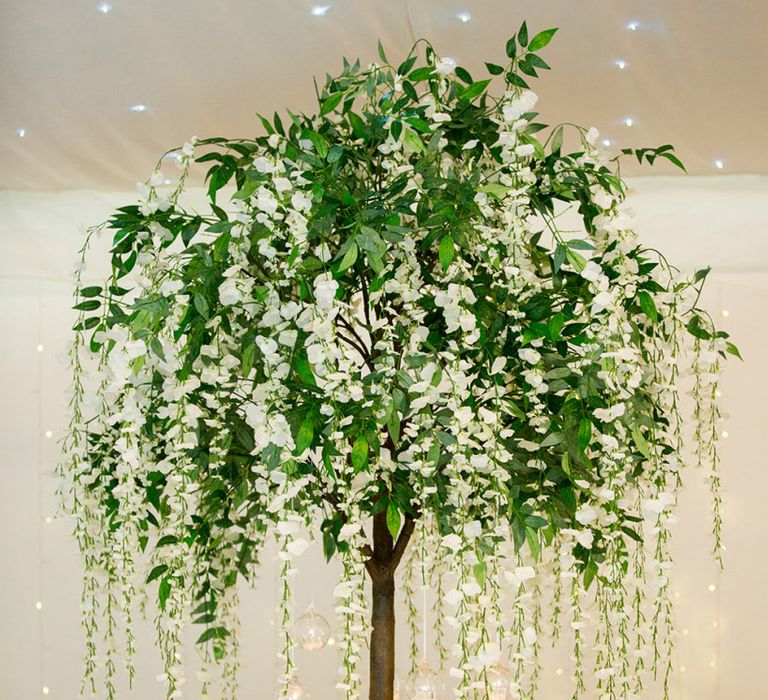 Miniature Tree Table Centrepiece with Handing White Flowers