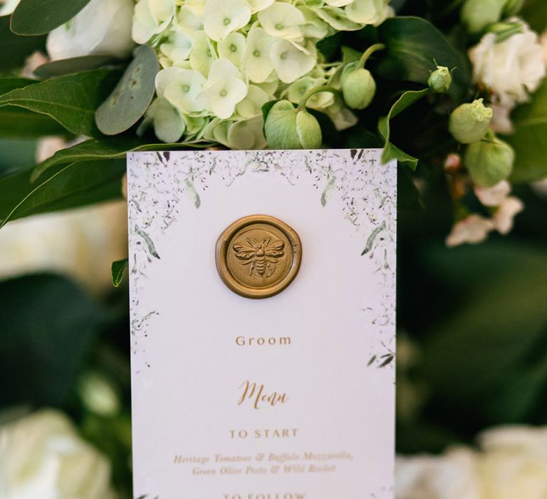 White and gold Menu Card with Wax Seal