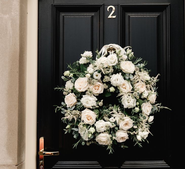 White &amp; Green Floral Door Wreath | Elegant Grey, Green, White &amp; Gold Black Tie, Marquee Wedding at Tullyveery House N. Ireland with Decor &amp; Styling by Mood Events | The Lou's Photography | Soul &amp; Rise Film