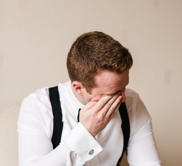 Wedding Morning | Groom Preparations | White &amp; Green Floral Door Wreath | Elegant Grey, Green, White &amp; Gold Black Tie, Marquee Wedding at Tullyveery House N. Ireland with Decor &amp; Styling by Mood Events | The Lou's Photography | Soul &amp; Rise Film