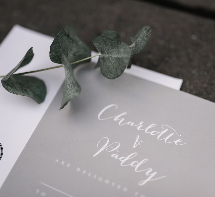 Elegant Grey &amp; White Wedding Stationery | White &amp; Green Floral Door Wreath | Elegant Grey, Green, White &amp; Gold Black Tie, Marquee Wedding at Tullyveery House N. Ireland with Decor &amp; Styling by Mood Events | The Lou's Photography | Soul &amp; Rise Film