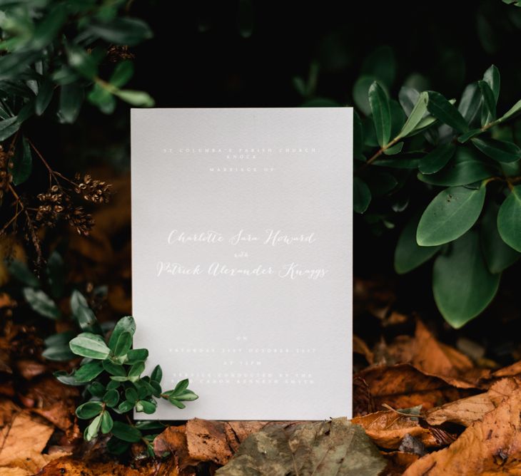 Elegant Grey Wedding Stationery | White &amp; Green Floral Door Wreath | Elegant Grey, Green, White &amp; Gold Black Tie, Marquee Wedding at Tullyveery House N. Ireland with Decor &amp; Styling by Mood Events | The Lou's Photography | Soul &amp; Rise Film