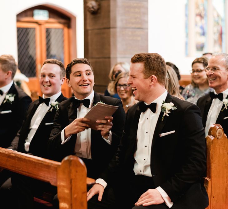 Church Wedding Ceremony |  Groomsmen at the Altar in Black Tie | Elegant Grey, Green, White &amp; Gold Black Tie, Marquee Wedding at Tullyveery House N. Ireland with Decor &amp; Styling by Mood Events | The Lou's Photography | Soul &amp; Rise Film