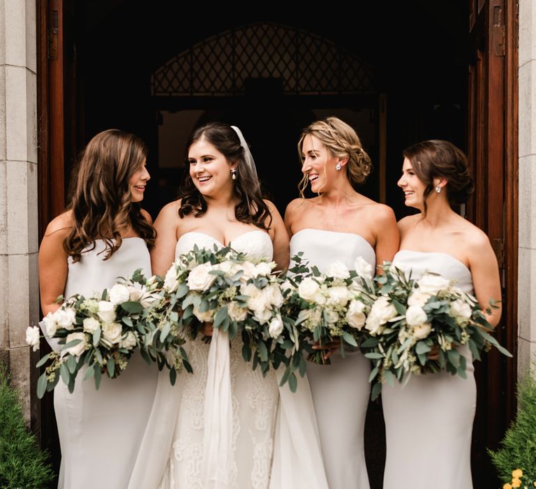 Elegant Bridal Party | Bridesmaids in Grey Jarlo Dresses | Bride in Badgley Mischka  Lace Bridal Gown | Grey, Green, White &amp; Gold Black Tie, Marquee Wedding at Tullyveery House N. Ireland with Decor &amp; Styling by Mood Events | The Lou's Photography | Soul &amp; Rise Film