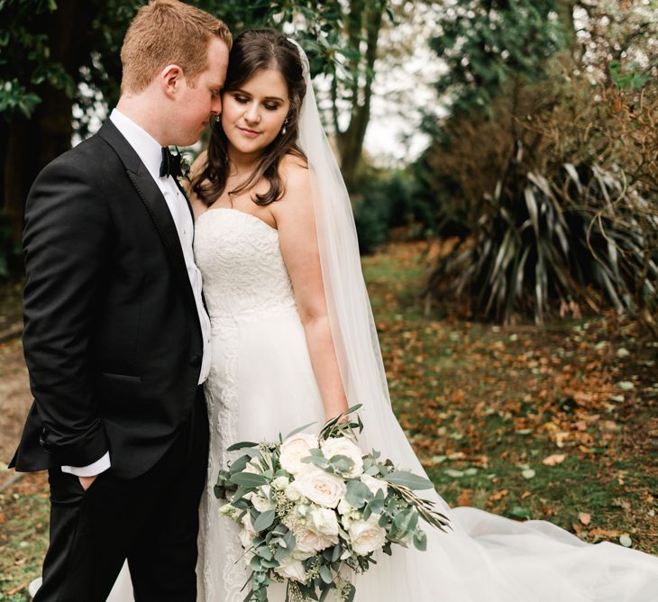 Bride in Badgley Mischka  Lace Bridal Gown | Groom in Black Tie | Elegant Grey, Green, White &amp; Gold Black Tie, Marquee Wedding at Tullyveery House N. Ireland with Decor &amp; Styling by Mood Events | The Lou's Photography | Soul &amp; Rise Film