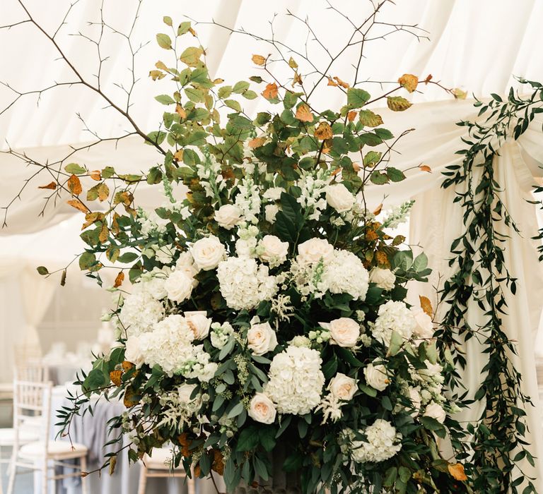 Large Floral Arrangement by Floralearth | Elegant Grey, Green, White &amp; Gold Black Tie, Marquee Wedding at Tullyveery House N. Ireland with Decor &amp; Styling by Mood Events | The Lou's Photography | Soul &amp; Rise Film