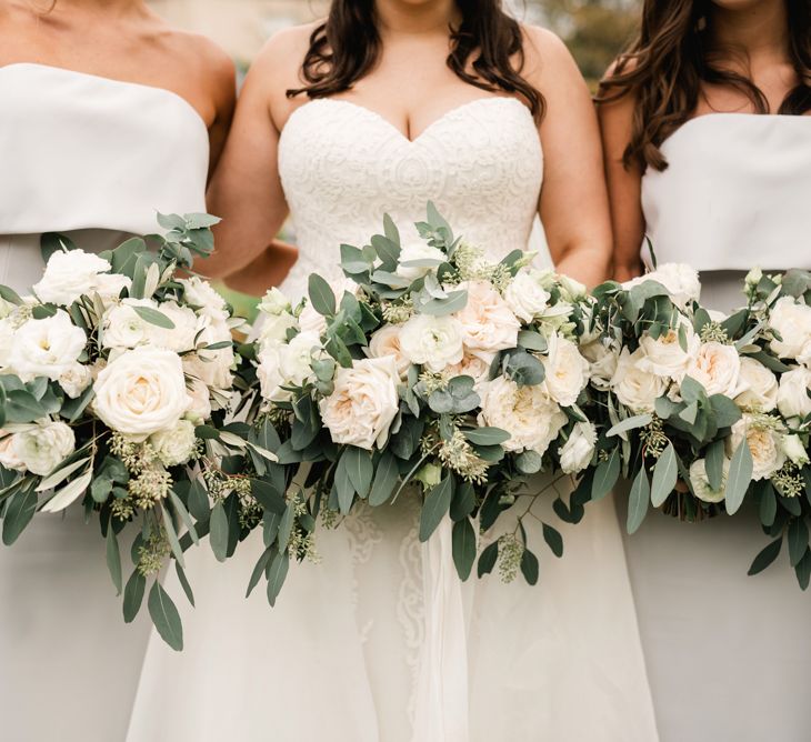 White &amp; Green Bridal Party Bouquets | Elegant Grey, Green, White &amp; Gold Black Tie, Marquee Wedding at Tullyveery House N. Ireland with Decor &amp; Styling by Mood Events | The Lou's Photography | Soul &amp; Rise Film