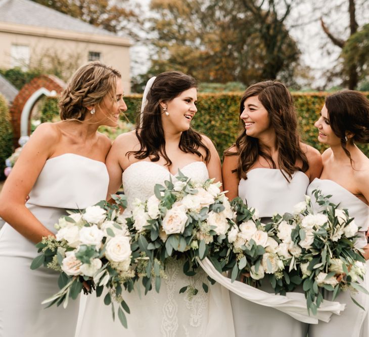 Elegant Bridal Party | Bridesmaids in Grey Jarlo Dresses | Bride in Badgley Mischka  Lace Bridal Gown | Grey, Green, White &amp; Gold Black Tie, Marquee Wedding at Tullyveery House N. Ireland with Decor &amp; Styling by Mood Events | The Lou's Photography | Soul &amp; Rise Film