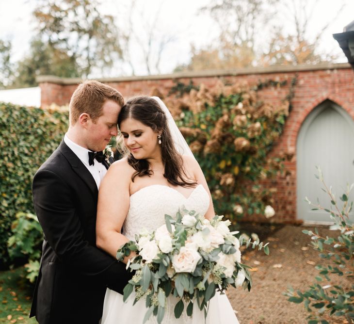 Bride in Badgley Mischka  Lace Bridal Gown | Groom in Black Tie | Elegant Grey, Green, White &amp; Gold Black Tie, Marquee Wedding at Tullyveery House N. Ireland with Decor &amp; Styling by Mood Events | The Lou's Photography | Soul &amp; Rise Film