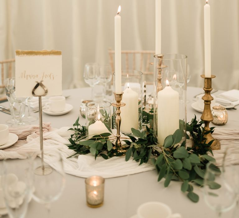 Gold Candle Sticks &amp; Taper Candles Wedding Decor | Elegant Grey, Green, White &amp; Gold Black Tie, Marquee Wedding at Tullyveery House N. Ireland with Decor &amp; Styling by Mood Events | The Lou's Photography | Soul &amp; Rise Film