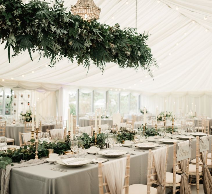 Greenery Hanging installation | Elegant Grey, Green Marquee Wedding at Tullyveery House N. Ireland with Decor &amp; Styling by Mood Events | The Lou's Photography | Soul &amp; Rise Film