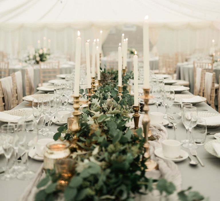 Gold Candle Sticks &amp; Taper Candles Wedding Decor | Elegant Grey, Green, White &amp; Gold Black Tie, Marquee Wedding at Tullyveery House N. Ireland with Decor &amp; Styling by Mood Events | The Lou's Photography | Soul &amp; Rise Film