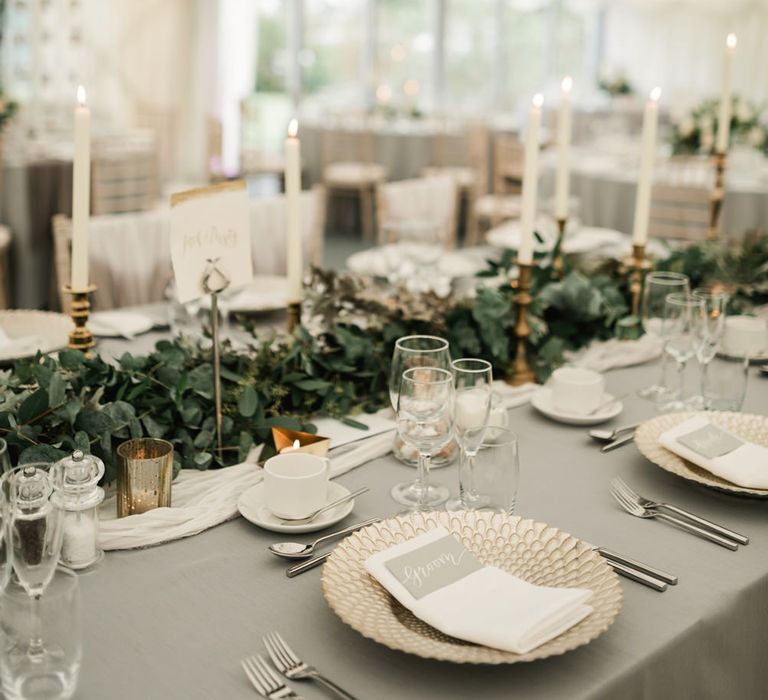 Elegant Place Setting | Greenery Table Runner | Wedding Decor | Elegant Grey, Green, White &amp; Gold Black Tie, Marquee Wedding at Tullyveery House N. Ireland with Decor &amp; Styling by Mood Events | The Lou's Photography | Soul &amp; Rise Film