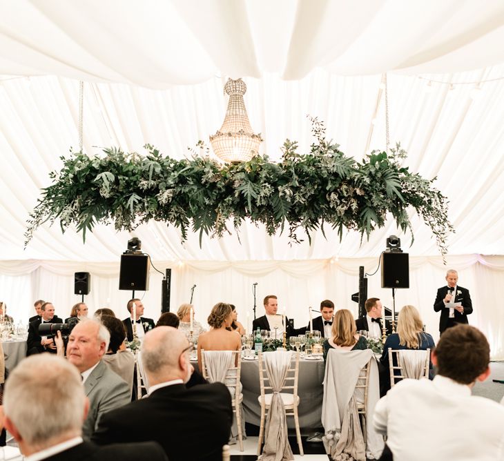 Greenery Hanging installation | Elegant Grey, Green Marquee Wedding at Tullyveery House N. Ireland with Decor &amp; Styling by Mood Events | The Lou's Photography | Soul &amp; Rise Film