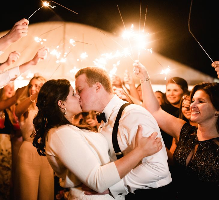 Sparkler Moment | Bride in Badgley Mischka  Lace Bridal Gown | Groom in Black Tie | Elegant Grey, Green, White &amp; Gold Black Tie, Marquee Wedding at Tullyveery House N. Ireland with Decor &amp; Styling by Mood Events | The Lou's Photography | Soul &amp; Rise Film