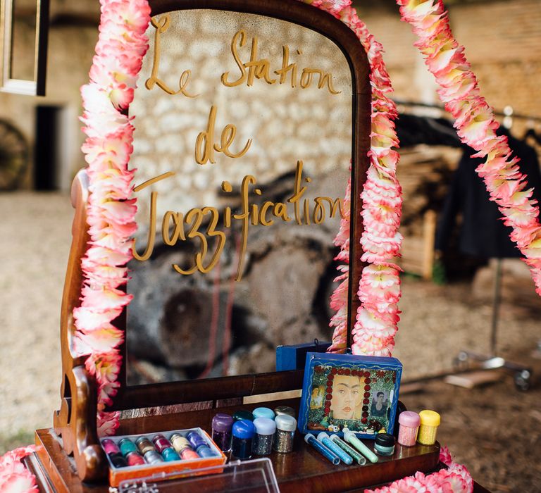 Glitter Station For Wedding // Secret Garden Party Inspired Wedding France Bride In Large Faux Floral Crown And Glitter Station With Groom In Floral Print Suit &amp; Images From The Shannons