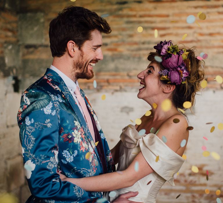 Secret Garden Party Inspired Wedding France Bride In Large Faux Floral Crown And Glitter Station With Groom In Floral Print Suit &amp; Images From The Shannons