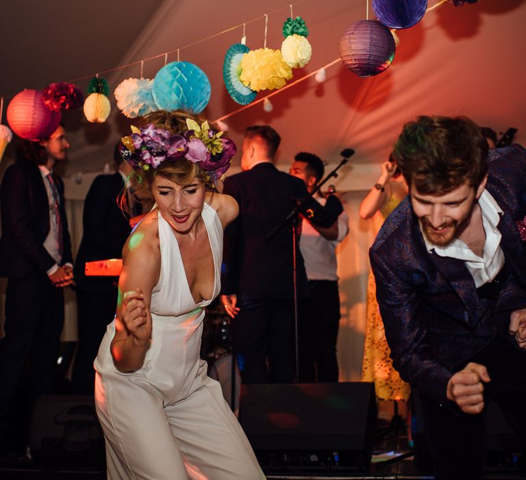 Secret Garden Party Inspired Wedding France Bride In Large Faux Floral Crown And Glitter Station With Groom In Floral Print Suit &amp; Images From The Shannons