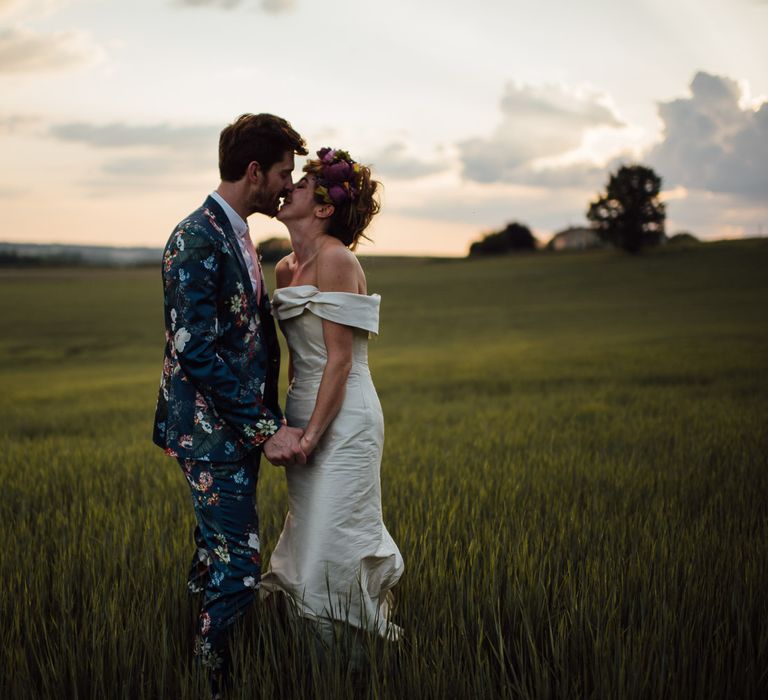 Secret Garden Party Inspired Wedding France Bride In Large Faux Floral Crown And Glitter Station With Groom In Floral Print Suit &amp; Images From The Shannons