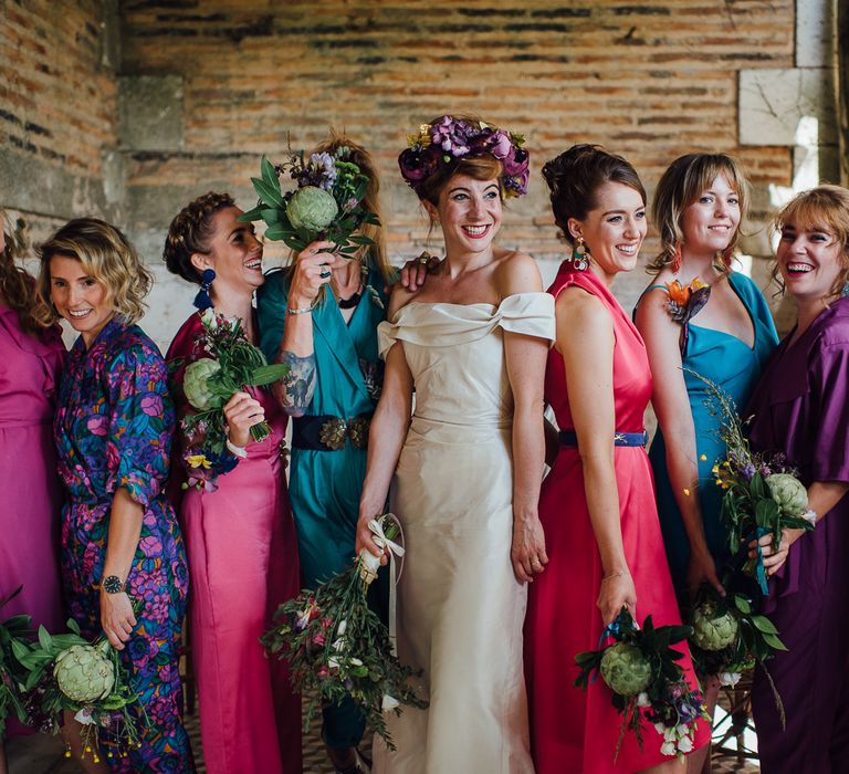 Secret Garden Party Inspired Wedding France Bride In Large Faux Floral Crown And Glitter Station With Groom In Floral Print Suit &amp; Images From The Shannons