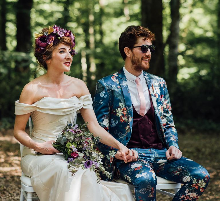 Secret Garden Party Inspired Wedding France Bride In Large Faux Floral Crown And Glitter Station With Groom In Floral Print Suit &amp; Images From The Shannons