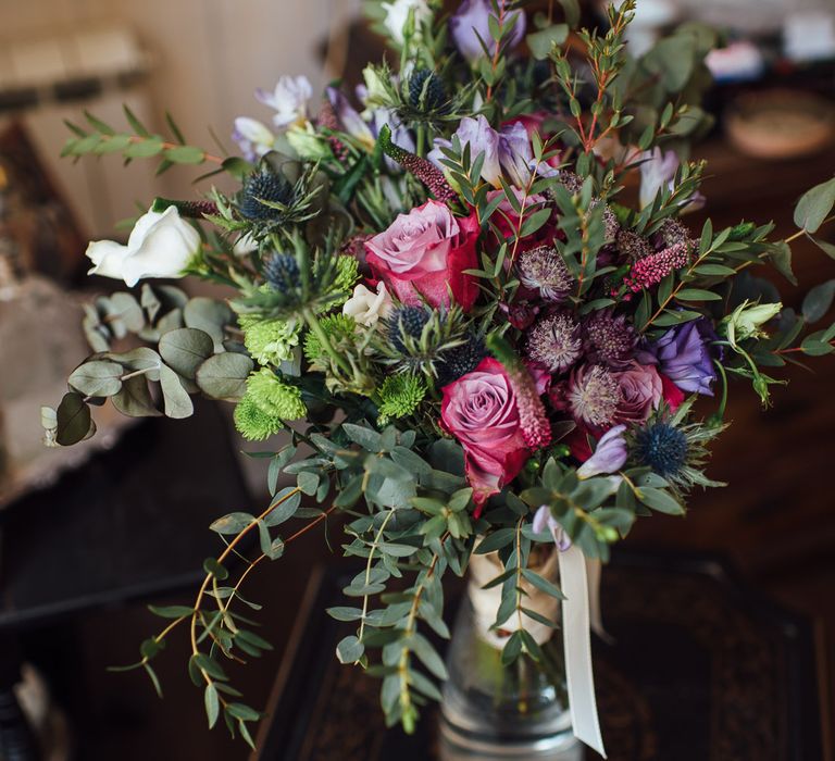 Secret Garden Party Inspired Wedding France Bride In Large Faux Floral Crown And Glitter Station With Groom In Floral Print Suit &amp; Images From The Shannons