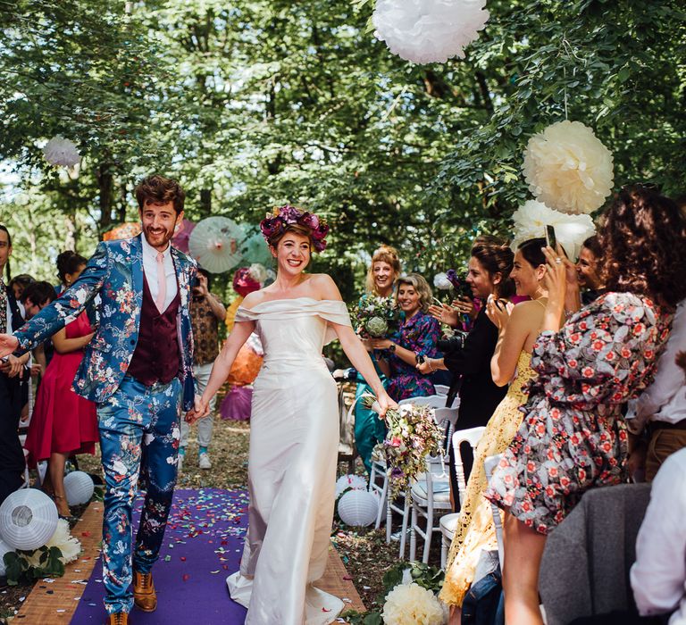 Secret Garden Party Inspired Wedding France Bride In Large Faux Floral Crown And Glitter Station With Groom In Floral Print Suit &amp; Images From The Shannons