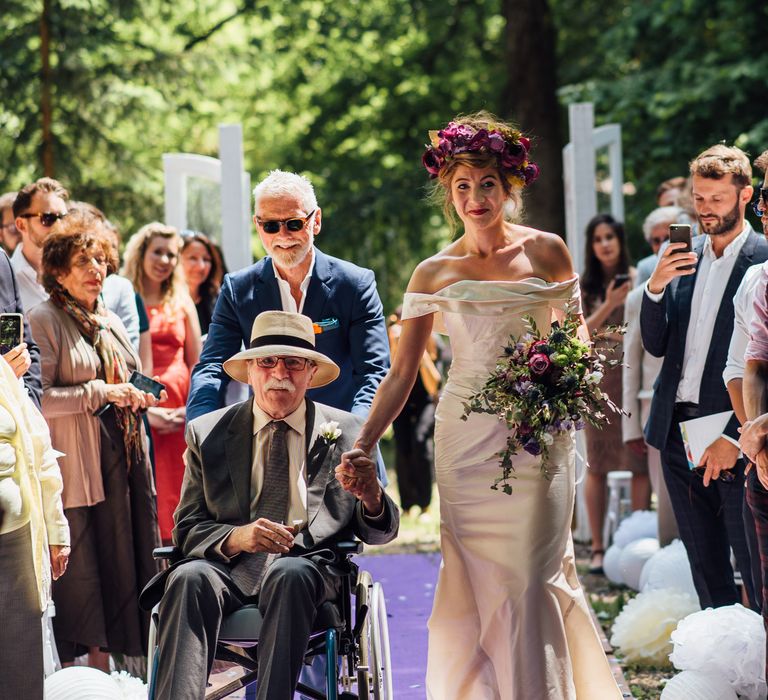 Secret Garden Party Inspired Wedding France Bride In Large Faux Floral Crown And Glitter Station With Groom In Floral Print Suit &amp; Images From The Shannons