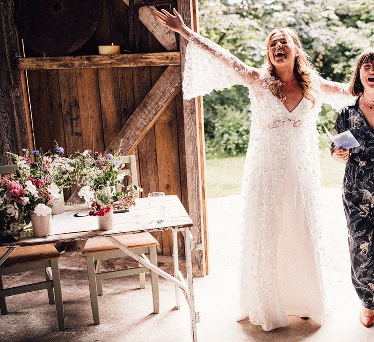 Bride arrives at wedding ceremony at Nancarrow Farm