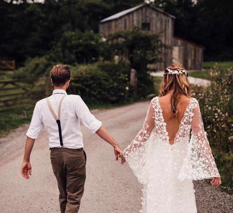 Low back appliqué wedding dress for bride