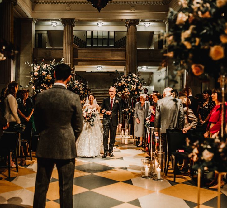 Wedding Ceremony Bridal Entrance with Bride Walking Down the Aisle in Fleur de lis Hayley Paige Wedding Dress