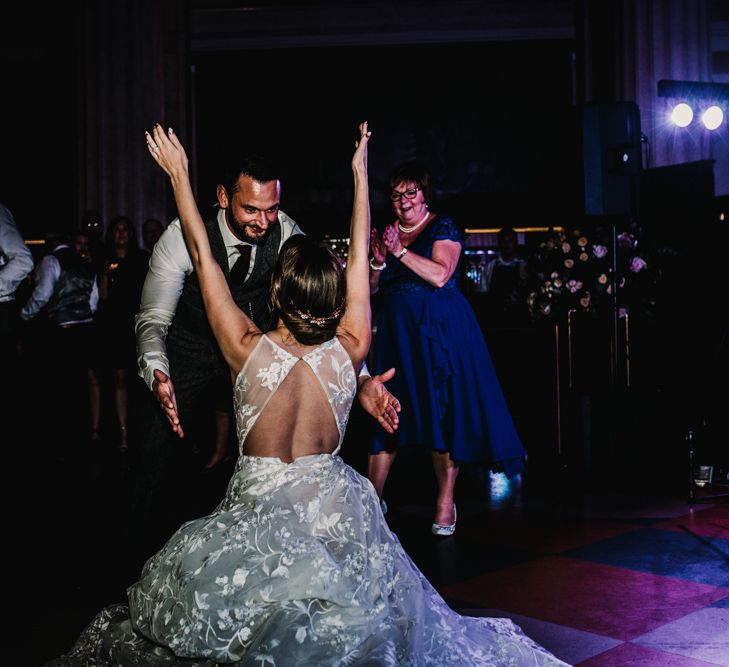 First Dance with Bride in Hayley Paige Wedding Dress with Open Back and Groom in Walker Slater Suit