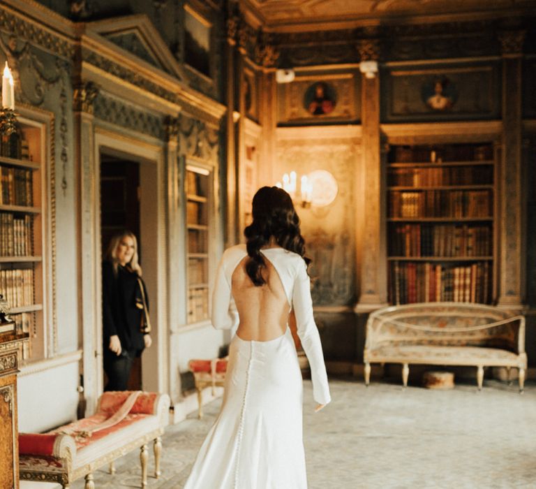 Bride in Homemade Wedding Dress with Backless Detail