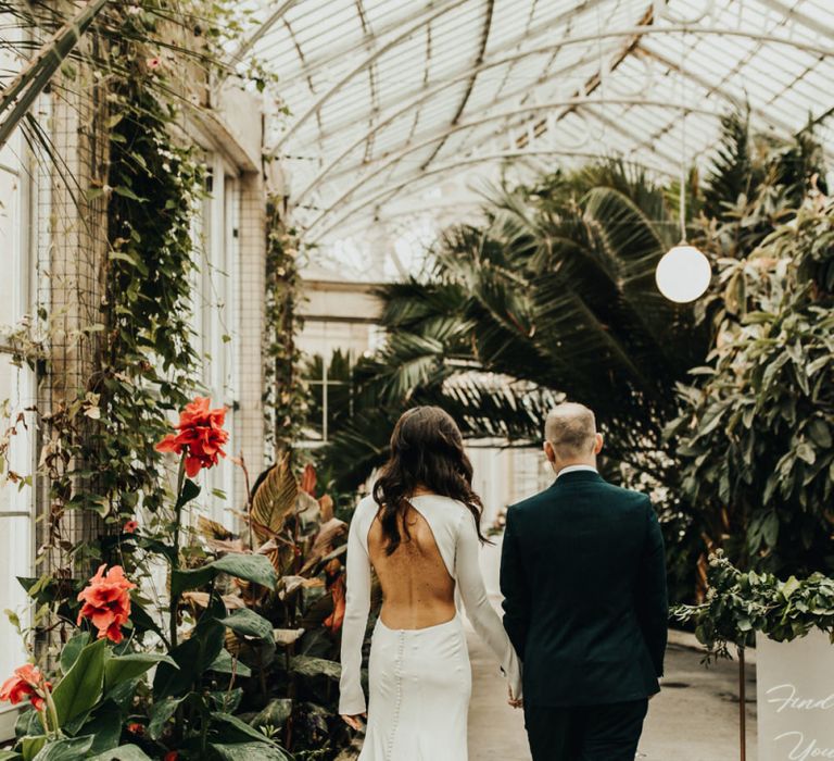 Bride in Backless Homemade Wedding Dress in Tropical Orangery