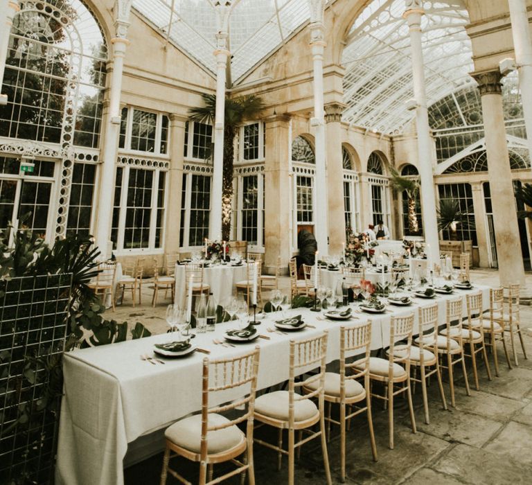 Long Wedding Reception Decor Under Orangery Dome