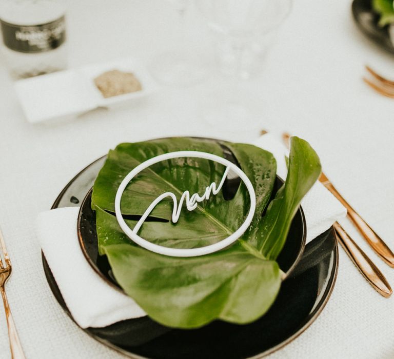 Etched Name Place Setting  on Tropical Plant Leaf