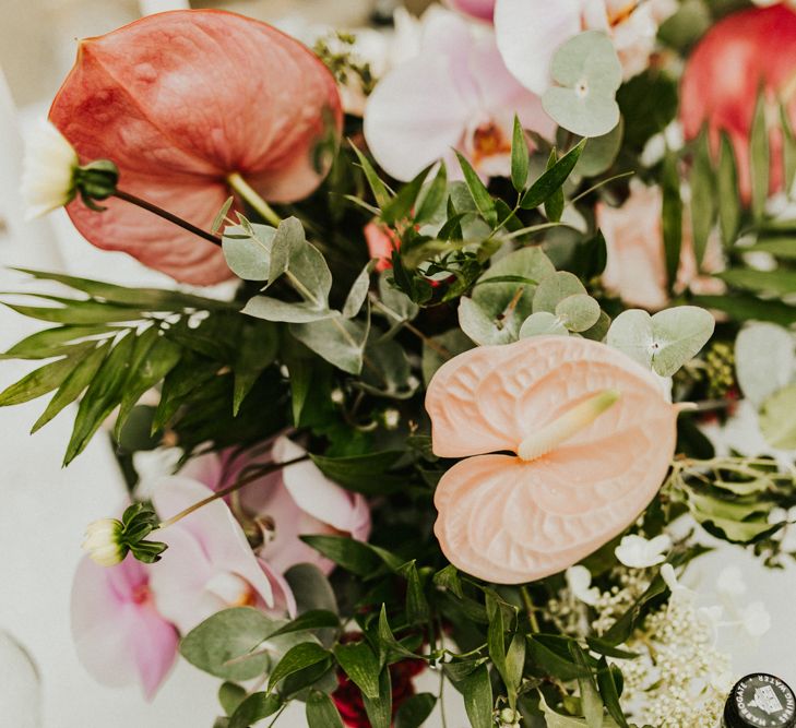 Tropical Plant Wedding Flower Centrepiece with Lillies