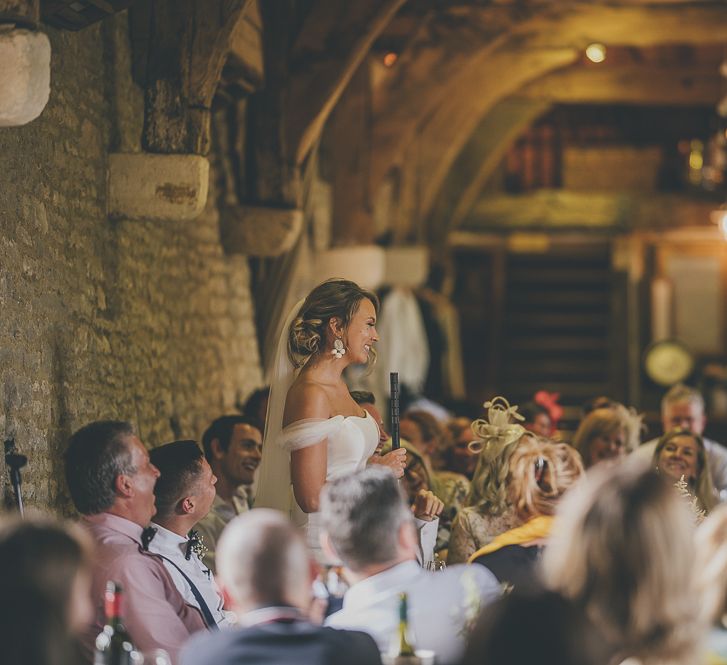 Bride makes wedding speech during barn celebration