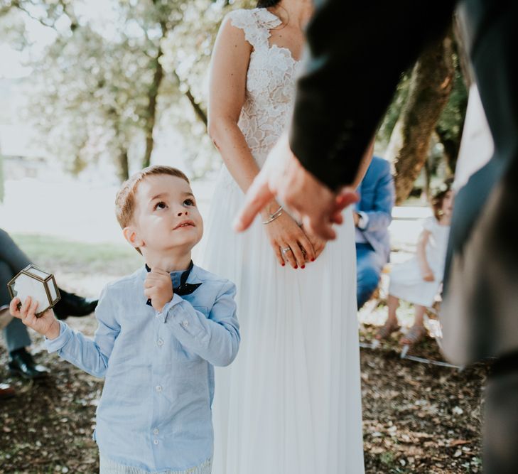 Little Boy Ring Bearer in Blue Shirt and Bow Tie